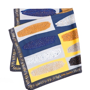 Silk twill printed square scarf, Luxurious classic scarf, Made in Italy, Grey, Yellow, Blue, Designer scarf by Dikla Levsky image 3