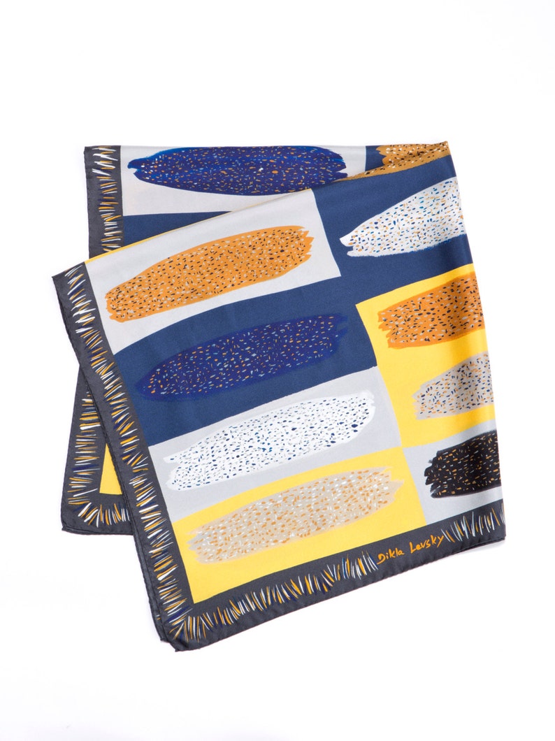 Silk twill printed square scarf, Luxurious classic scarf, Made in Italy, Grey, Yellow, Blue, Designer scarf by Dikla Levsky image 3