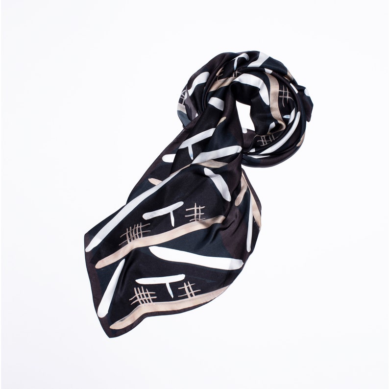 LEEZ Black and White Stripes Square Silk Scarf