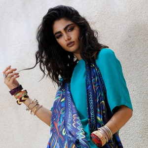 Blue printed square silk twill scarf