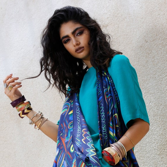 Blue Printed Square Silk Twill Scarf - Etsy