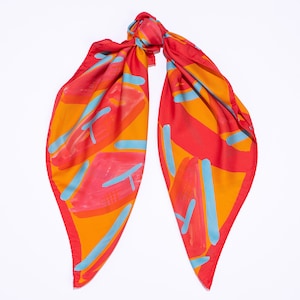 Square printed silk twill scarf in vibrant hot colors, Designer head scarf, Made in Italy, Gift for her image 5