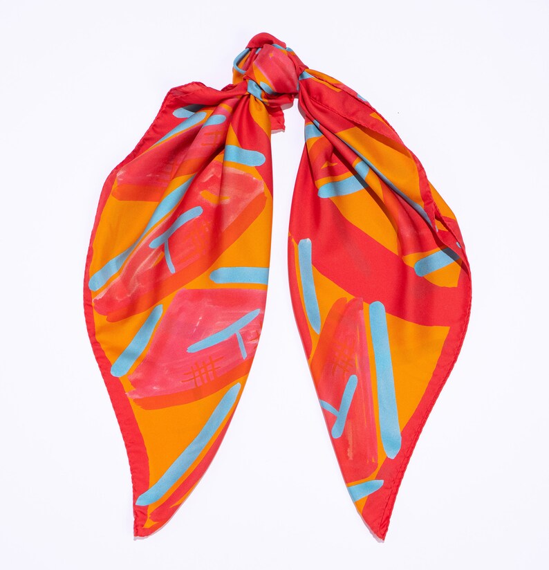 Square printed silk twill scarf in vibrant hot colors, Designer head scarf, Made in Italy, Gift for her image 5