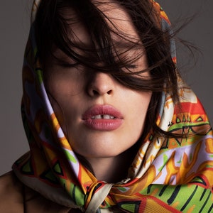 Printed multicolor square silk twill scarf in ,35.5 inch square. Designer scarf by Dikla Levsky. Made in Italy