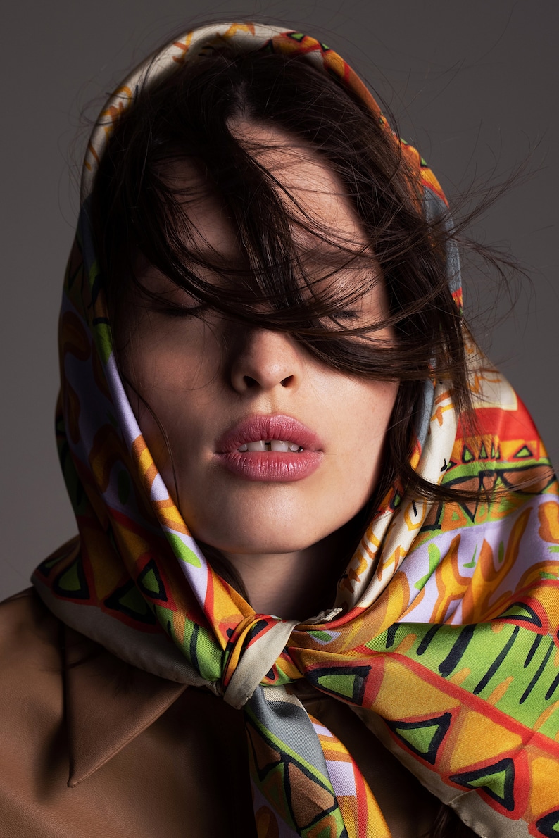 Printed multicolor square silk twill scarf in ,35.5 inch square. Designer scarf by Dikla Levsky. Made in Italy