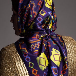 Printed silk twill scarf with original design inspired by ethnic rugs. Classic square foulard, Colorful designer scarf by Dikla Levsky. image 5