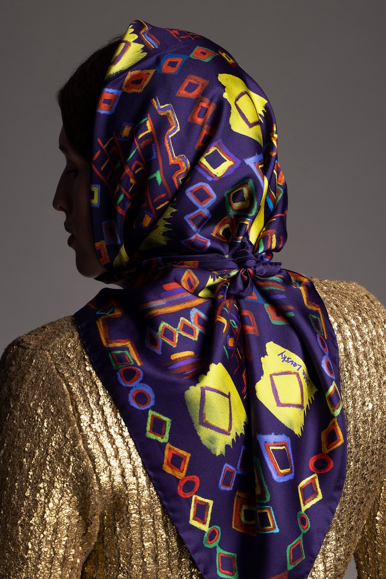 Printed silk twill scarf with original design inspired by ethnic rugs. Classic square foulard, Colorful designer scarf by Dikla Levsky. image 5