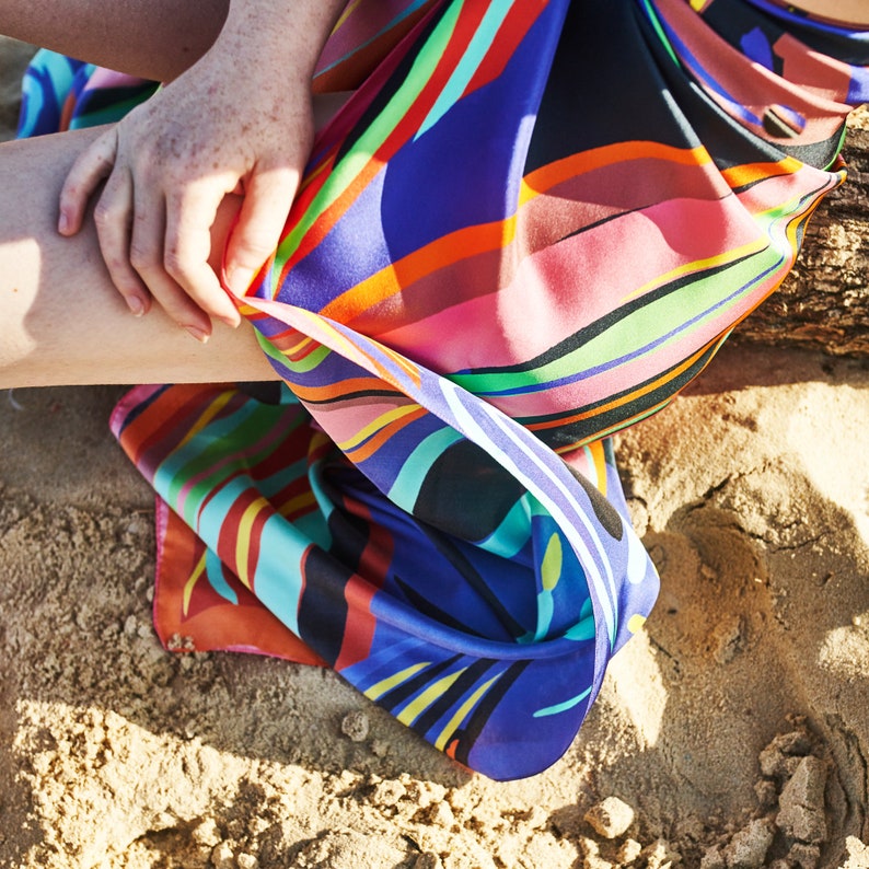 Multicolored huge square designer scarf made from twill silk, 55 inch silk Pareo body wrap, All seasons versatile Luxury accessory for her