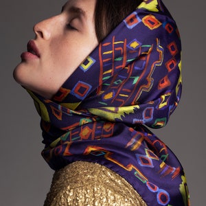 Printed silk twill scarf with original design inspired by ethnic rugs. Classic square foulard, Colorful designer scarf by Dikla Levsky. image 2