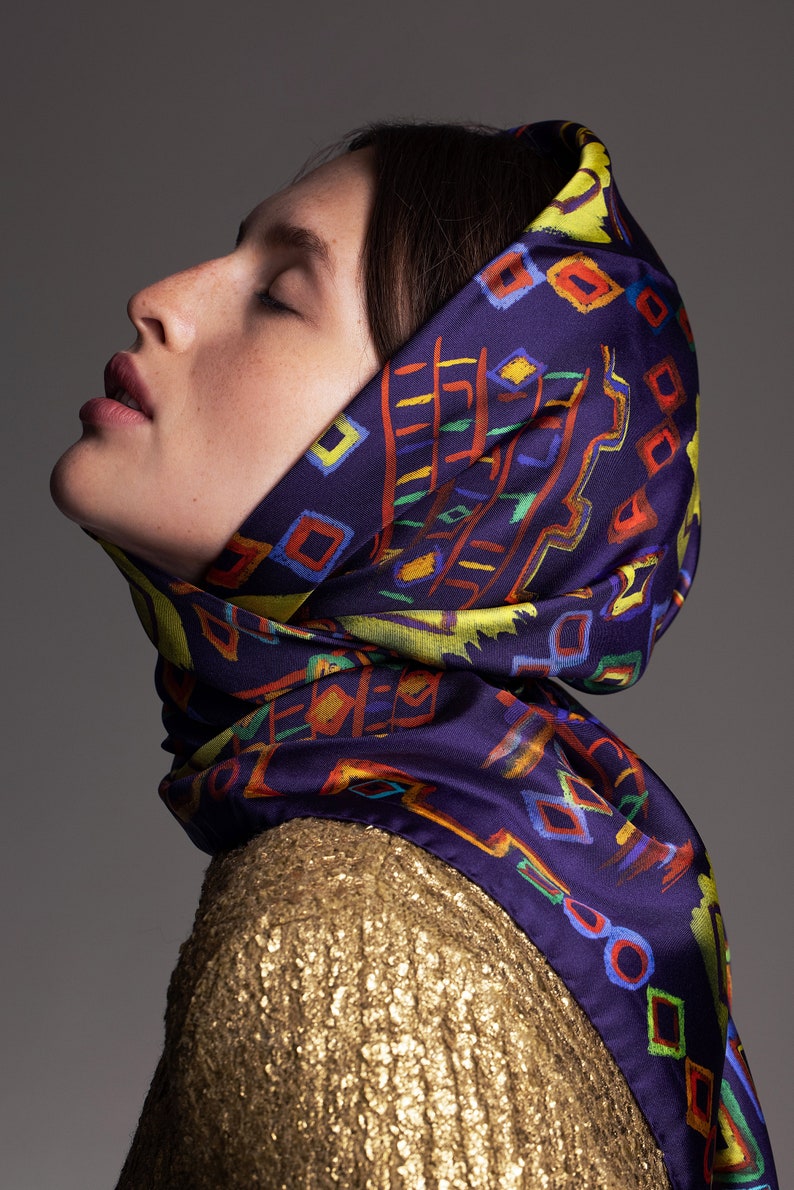 Printed silk twill scarf with original design inspired by ethnic rugs. Classic square foulard, Colorful designer scarf by Dikla Levsky. image 2