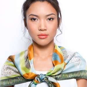 Printed silk scarf, square silk twill scarf, Ethnic colorful foulard, Green, Mustard, Pale Blue, Original by Dikla Levsky image 3