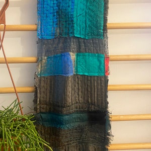 One of a kind patchwork handmade shawl, Boho hand painted and hand printed silk and wool scarf with raw edges, Unique artistic gift for her image 5