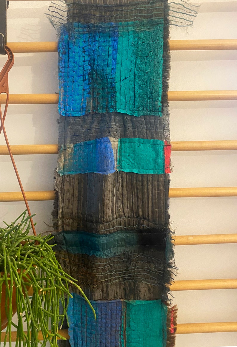 One of a kind patchwork handmade shawl, Boho hand painted and hand printed silk and wool scarf with raw edges, Unique artistic gift for her image 5