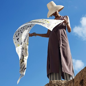 Light and airy printed silk scarf, Made in Italy, Grey, Black ,Yellow, White Silk Twill long modern scarf by Dikla Levsky