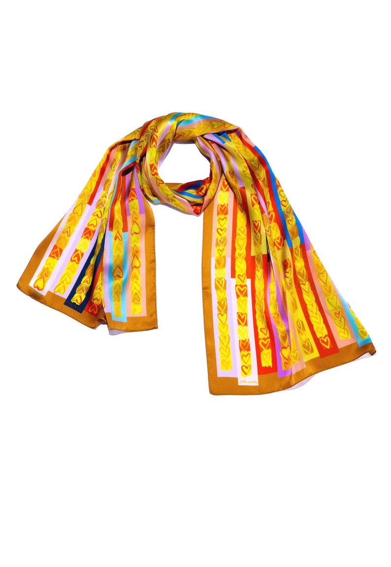 Printed silk scarf with hearts, Retro vibes lightweight silk shawl, Gift for her. Colorful scarf in Yellows, Ochre, Red, Blue, Powder Pink. image 6