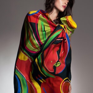 printed silk twill pareo, Huge scarf 55inch size square, designer coverup by Dikla Levsky, Made in Italy