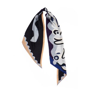 Double sided printed silk scarf with diagonal edges, Statement accessory made from twill silk, Dark blue, Grey, Tan Brown, Black, White image 3