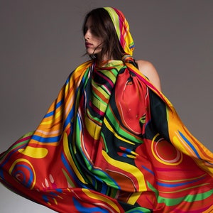 printed silk twill pareo, Huge scarf 55inch size square, designer coverup by Dikla Levsky, Made in Italy