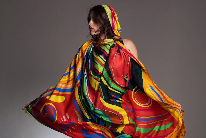 printed silk twill pareo, Huge scarf 55inch size square, designer coverup by Dikla Levsky, Made in Italy