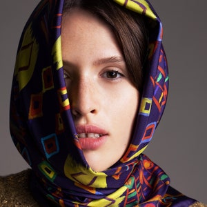 Printed silk twill scarf with original design inspired by ethnic rugs. Classic square foulard, Colorful designer scarf by Dikla Levsky. image 1