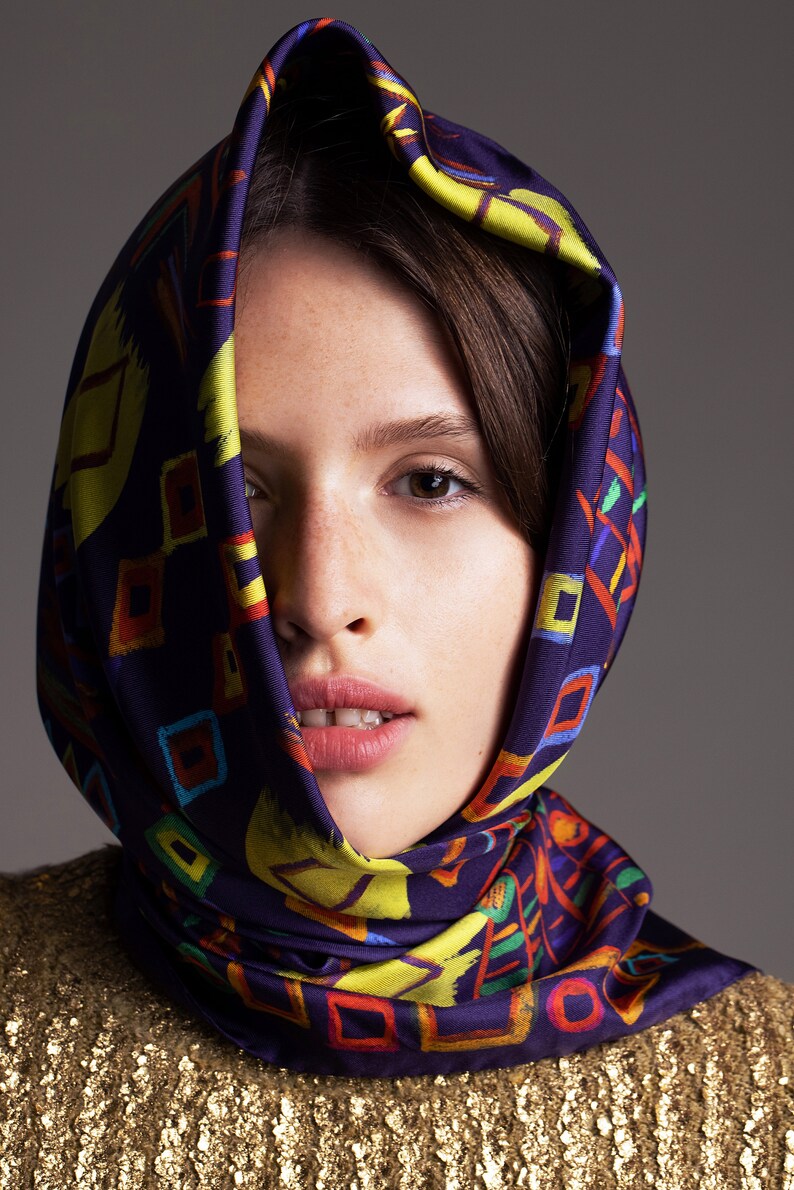 Printed silk twill scarf with original design inspired by ethnic rugs. Classic square foulard, Colorful designer scarf by Dikla Levsky. image 1