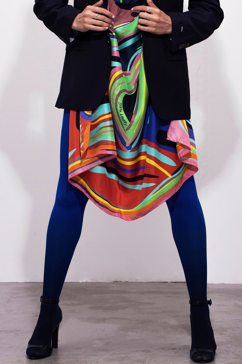 Multicolored huge square designer scarf made from twill silk, 55 inch silk Pareo body wrap, All seasons versatile Luxury accessory for her