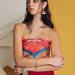 Printed square silk twill scarf, Bold red ethnic foulard, Luxurious designer scarf by Dikla Levsky, Gift for her image 4