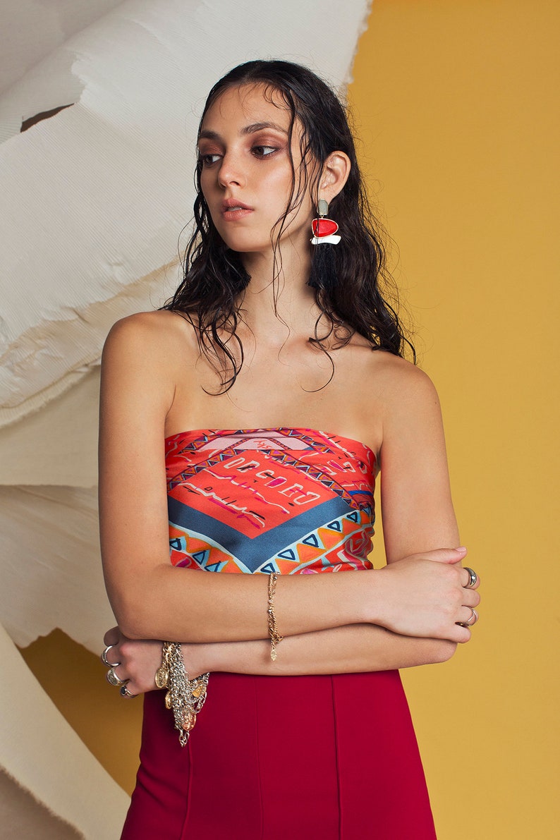 Printed square silk twill scarf, Bold red ethnic foulard, Luxurious designer scarf by Dikla Levsky, Gift for her image 4