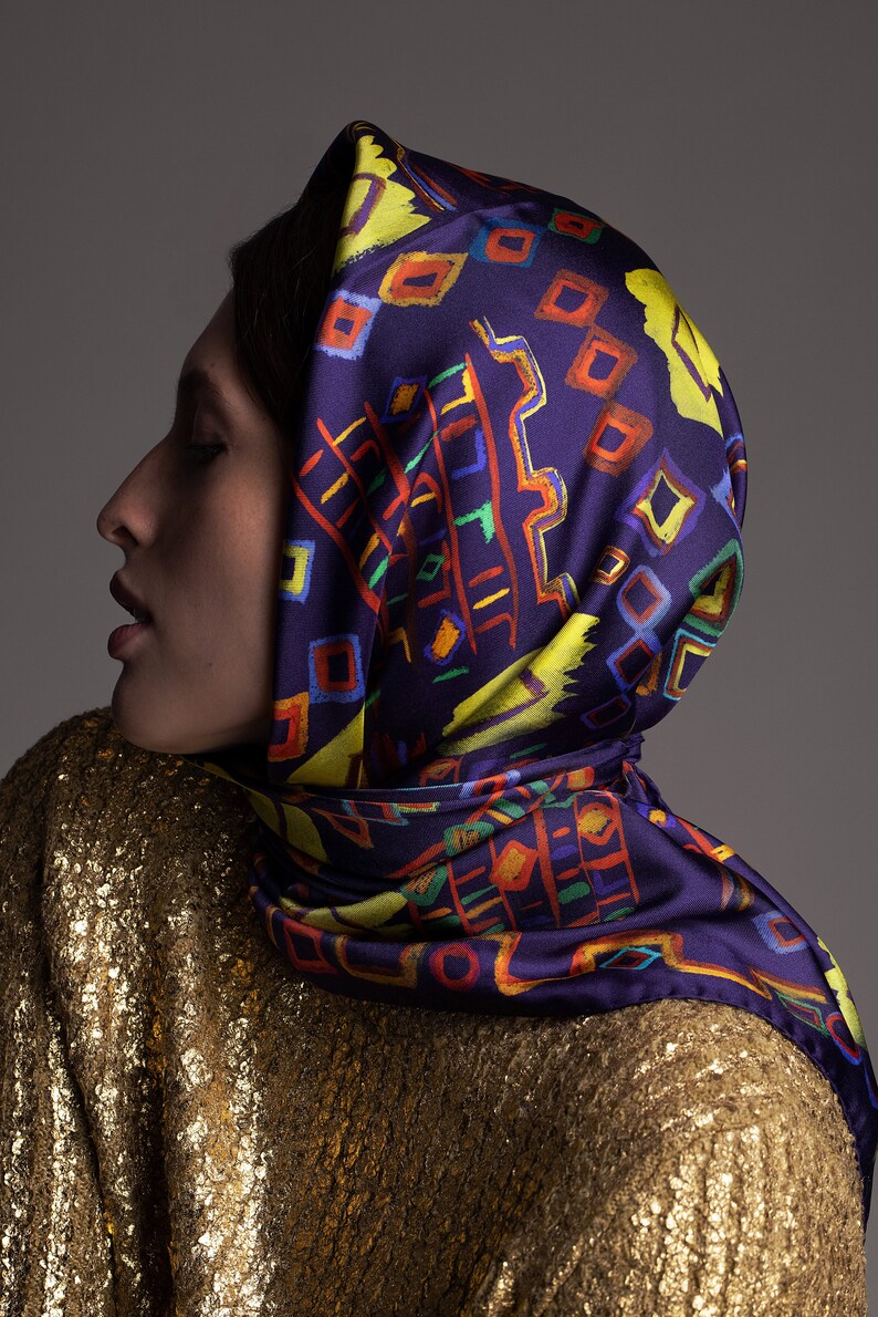 Printed silk twill scarf with original design inspired by ethnic rugs. Classic square foulard, Colorful designer scarf by Dikla Levsky. image 4