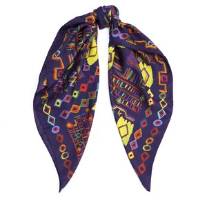 Printed silk twill scarf with original design inspired by ethnic rugs. Classic square foulard, Colorful designer scarf by Dikla Levsky. image 7