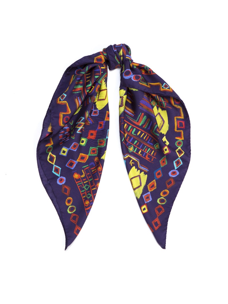 Printed silk twill scarf with original design inspired by ethnic rugs. Classic square foulard, Colorful designer scarf by Dikla Levsky. image 7