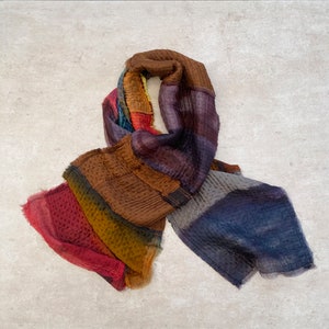 Handmade patchwork one of a kind shawl from silk and wool, Boho hand painted blanket scarf, Raw artistic look, Handmade gifts for her