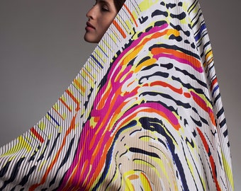 Printed Plissé silk scarf in vibrant colors, Multicolored original designer luxurious scarf by Dikla Levsky, Made in Italy.