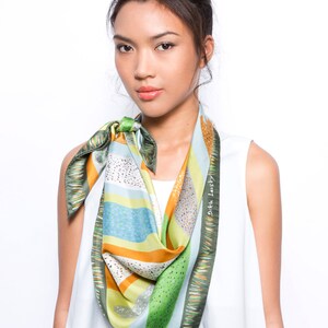 Printed silk scarf, square silk twill scarf, Ethnic colorful foulard, Green, Mustard, Pale Blue, Original by Dikla Levsky image 4
