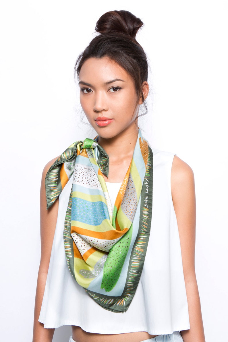 Printed silk scarf, square silk twill scarf, Ethnic colorful foulard, Green, Mustard, Pale Blue, Original by Dikla Levsky image 4