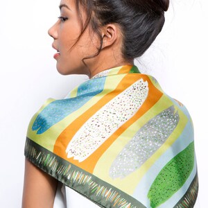 Printed silk scarf, square silk twill scarf, Ethnic colorful foulard, Green, Mustard, Pale Blue, Original by Dikla Levsky image 5