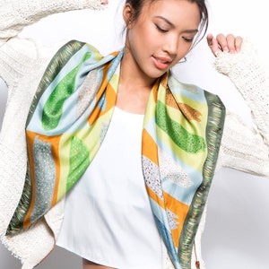 Printed silk scarf, square silk twill scarf, Ethnic colorful foulard, Green, Mustard, Pale Blue, Original by Dikla Levsky image 2