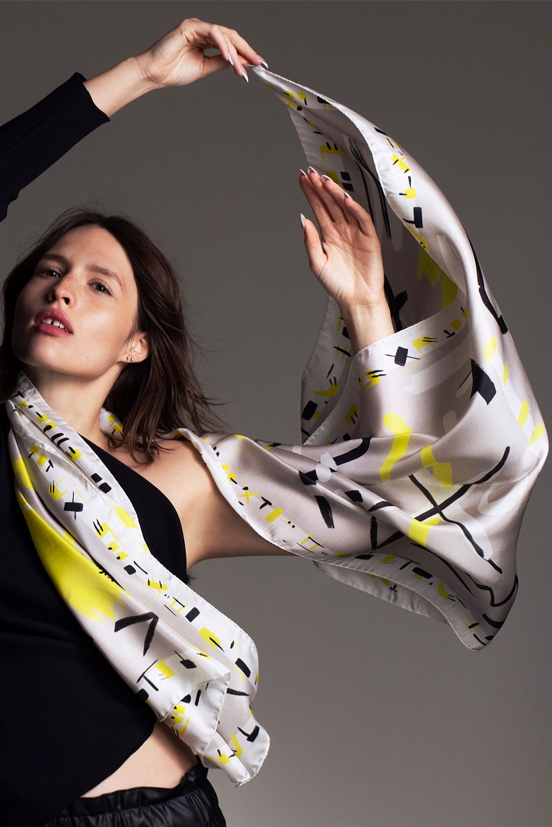 Printed scarf made from light twill silk, Rectangular designer scarf in light grey, white, black and neon yellow. image 1