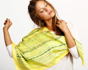 Sample Sale: Hand printed silk scarf, Screen printed foulard, Vibrant Yellow square scarf, Original ethnic print by Dikla Levsky