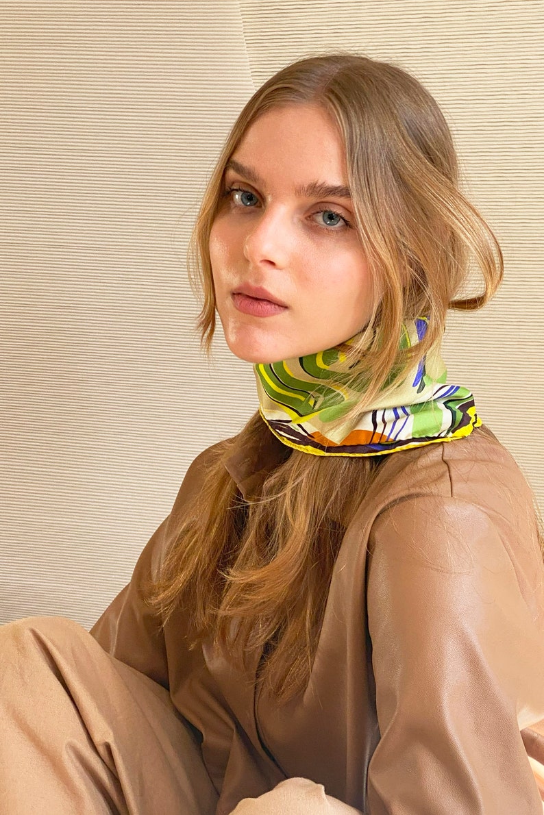 Mini square silk scarf, silk neckerchief, Small colorful pocket square or head scarf, Designer twill scarf, Made in Italy image 6