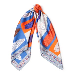 Printed silk twill scarf, Colorful square designer scarf by Dikla Levsky, Etsy Design Awards WINNER, Made in Italy, Orange, Blue, Grey image 3