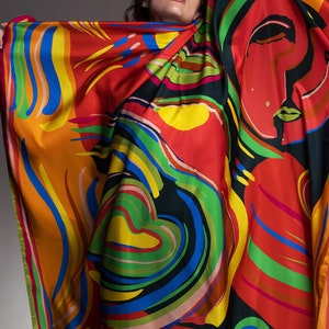 printed silk twill pareo, Huge scarf 55inch size square, designer coverup by Dikla Levsky, Made in Italy