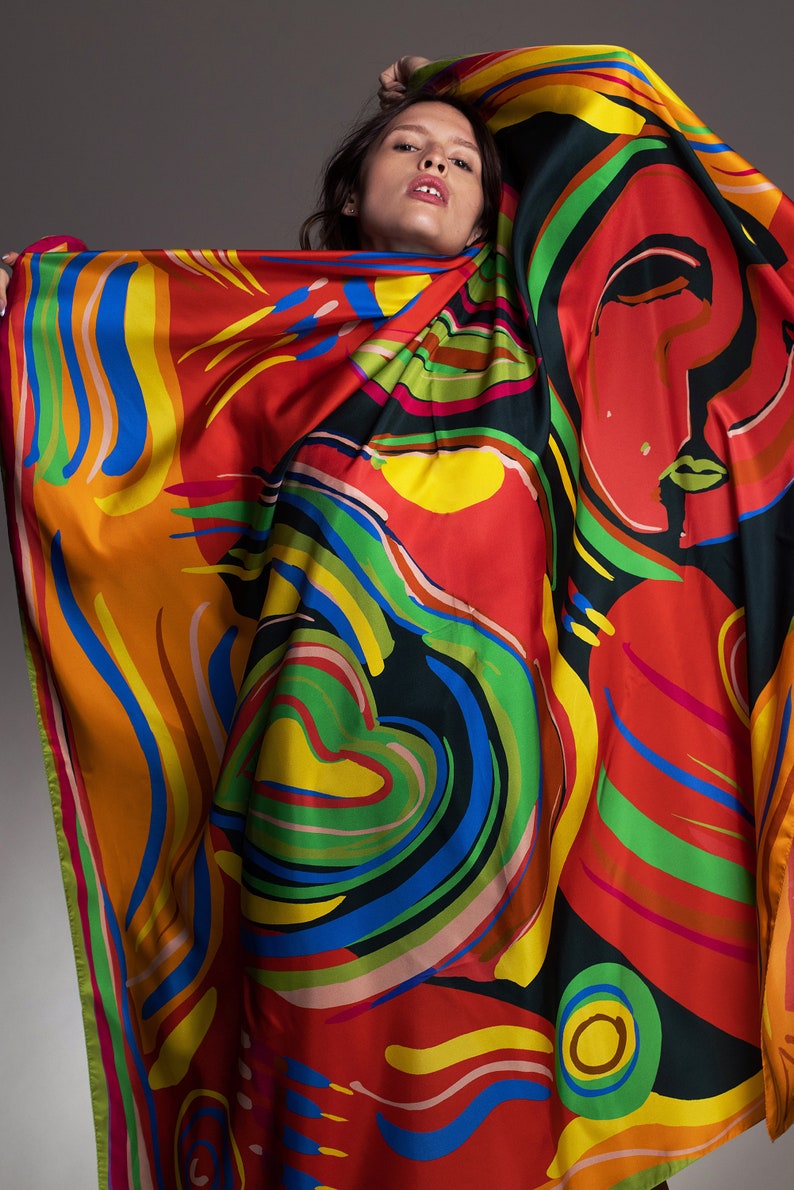 printed silk twill pareo, Huge scarf 55inch size square, designer coverup by Dikla Levsky, Made in Italy