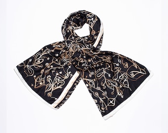 Printed scarf made from luxurious silk, Original designer scarf by Dikla Levsky, Made in Italy, Main colors: Black, White