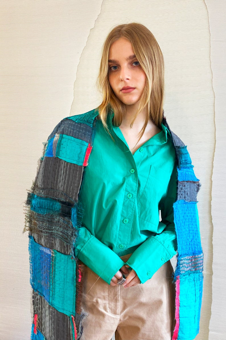 One of a kind patchwork handmade shawl, Boho hand painted and hand printed silk and wool scarf with raw edges, Unique artistic gift for her image 1