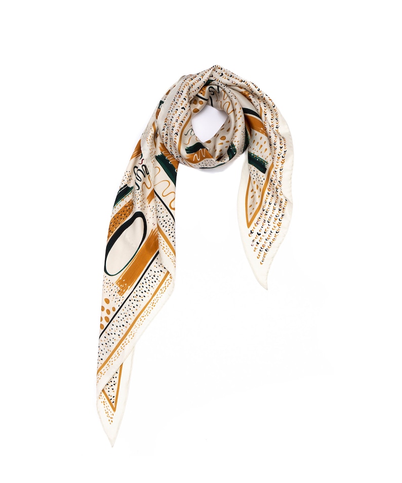 Printed triangle silk scarf made from luxurious Italian twill, Elegant ethnic big scarf, Designer scarf in Of-White, Black and Tan brown image 8