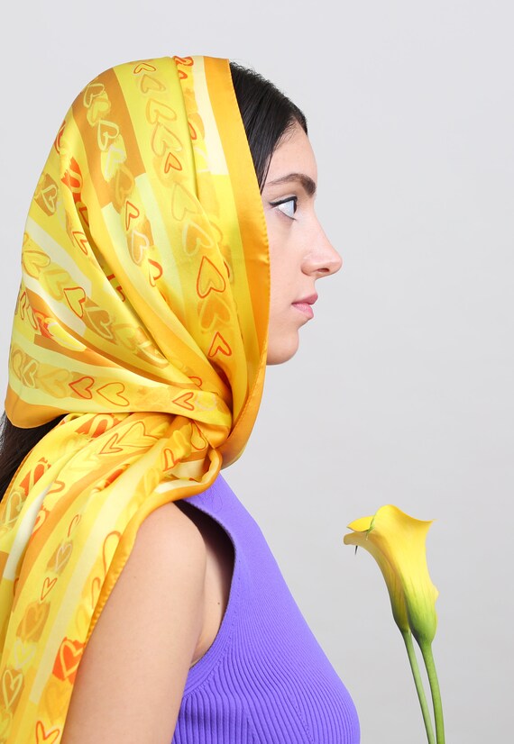 Printed Yellow Silk Scarf With Hearts Statement Head Scarf - Etsy