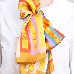 Printed silk scarf with hearts, Retro vibes lightweight silk shawl, Gift for her. Colorful scarf in Yellows, Ochre, Red, Blue, Powder Pink. image 4