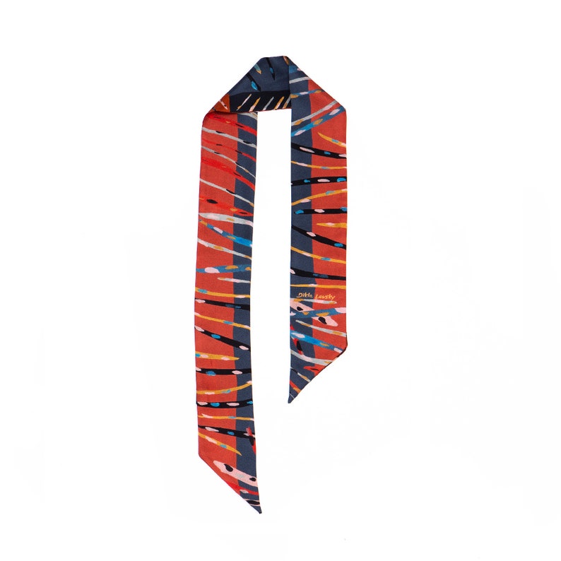 Printed mini scarf in Red and Denim, Silk twill neckerchief, Made in Italy image 6
