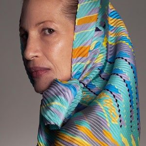 Printed silk twill Plisse silk scarf in diamond shape, Designer multicolored pleated scarf in teal, orange, yellow, grey, dark blue. Made in Italy